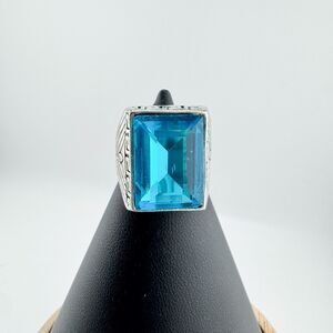 Vintage Blue Rhinestone Ring Silver Tone Greek Key Design Statement Jewelry